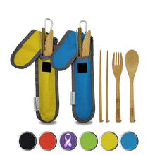 Load image into Gallery viewer, Travel Utensils with Case Set Fork, Knife, Spoon, Chopsticks, Straw, Straw-cleaning brush, Travel Pouch and Carabiner, Excellent For Everyday Use! ((2 Sets) Blue/Yellow)