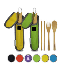 Load image into Gallery viewer, Travel Utensils with Case Set Fork, Knife, Spoon, Chopsticks, Straw, Straw-cleaning brush, Travel Pouch and Carabiner, Excellent For Everyday Use! ((2 Sets) Green/Yellow)
